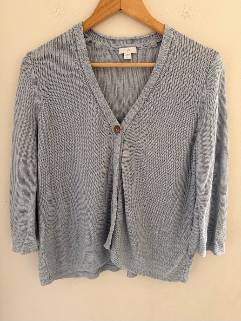J.Jill Linen Viscose Knit Cardigan Light Blue Single Button 3/4 Sleeve M